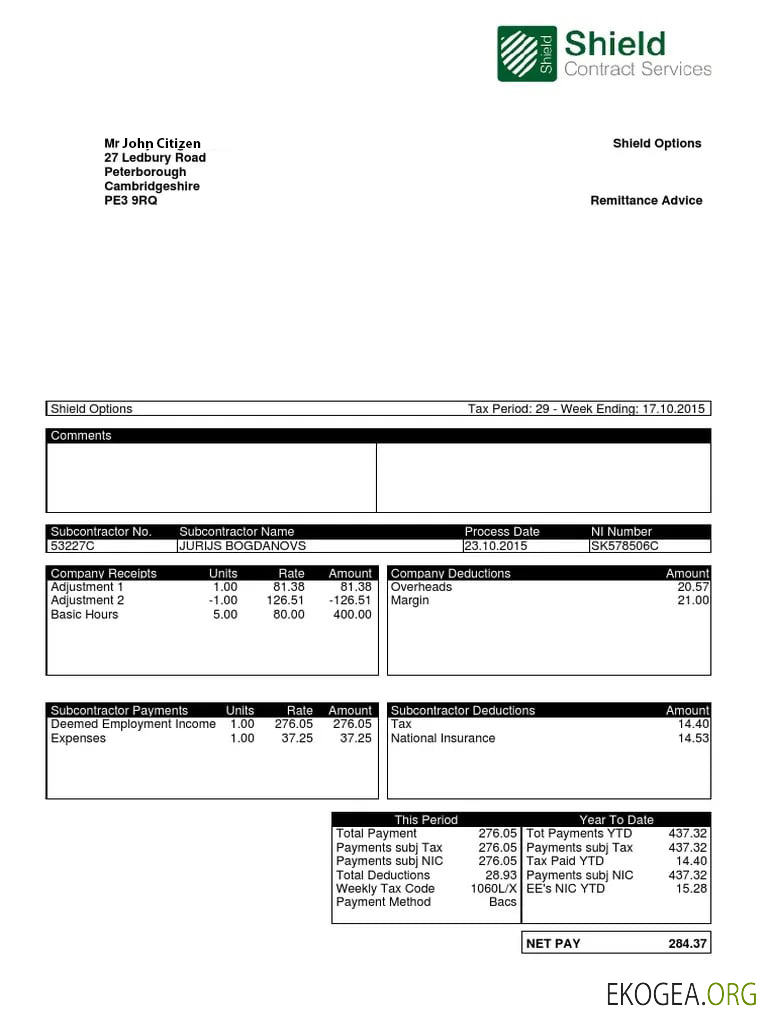 Fiche de paie des services contractuels du SHIELD ROYAUME UNI aux formats Word et PDF